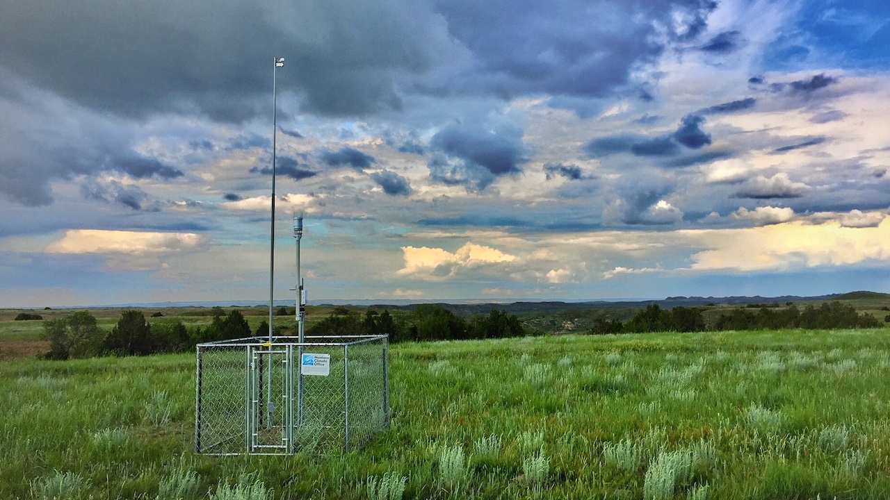 A new Montana Mesonet station near Miles City, MT. There are currently 50 stations across the state recording soil moisture and weather conditions. Real time data can be viewed at climate.umt.edu/mesonet/Stations. Photo: Kevin Hyde.